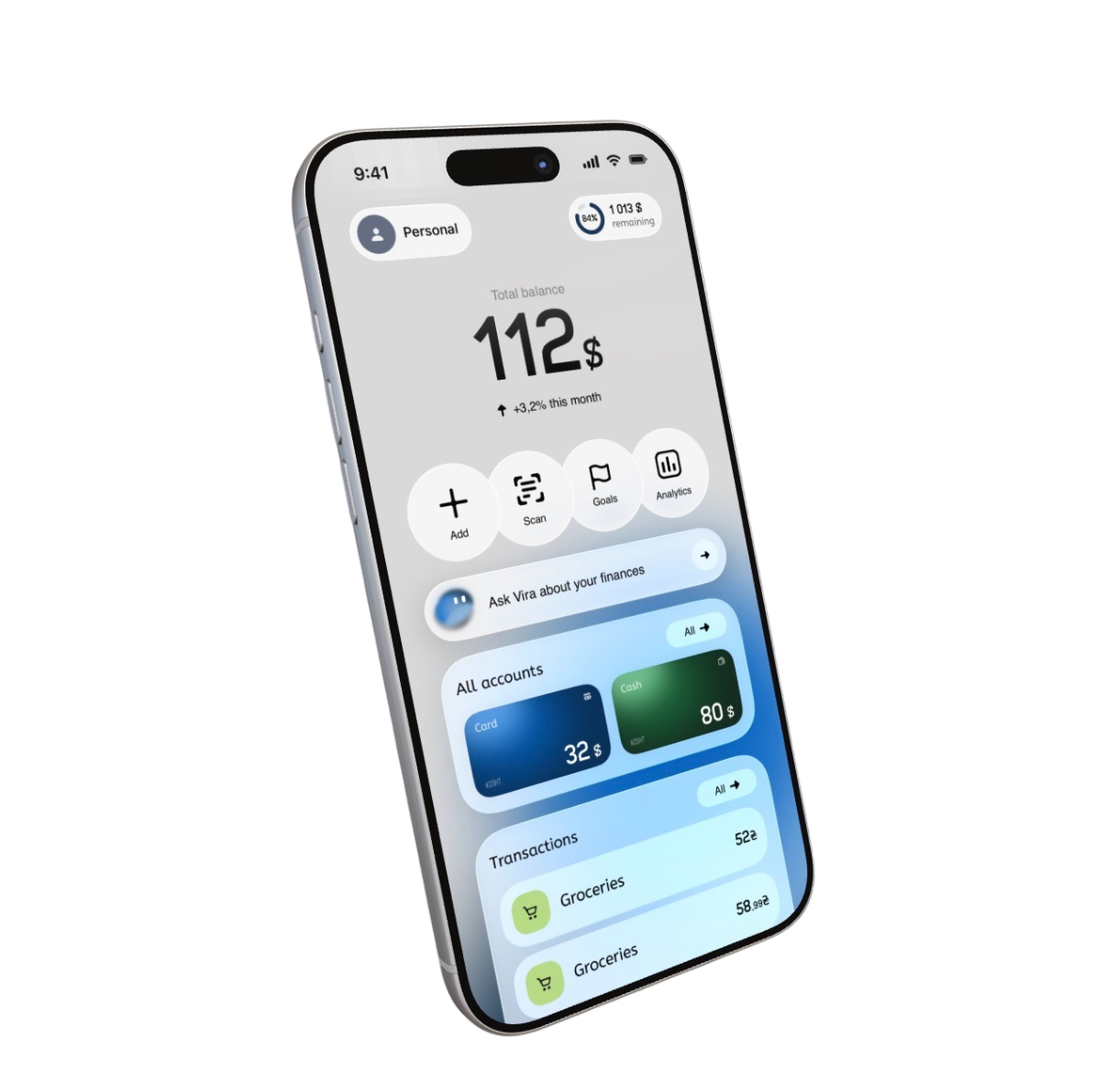 Kosht personal finance app interface showing AI money coach Vira with spending insights and financial goals